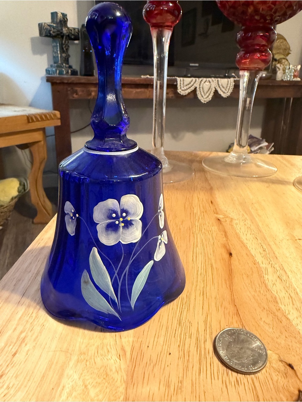 Fenton Cobalt Blue Hand-Painted Floral Glass Bell